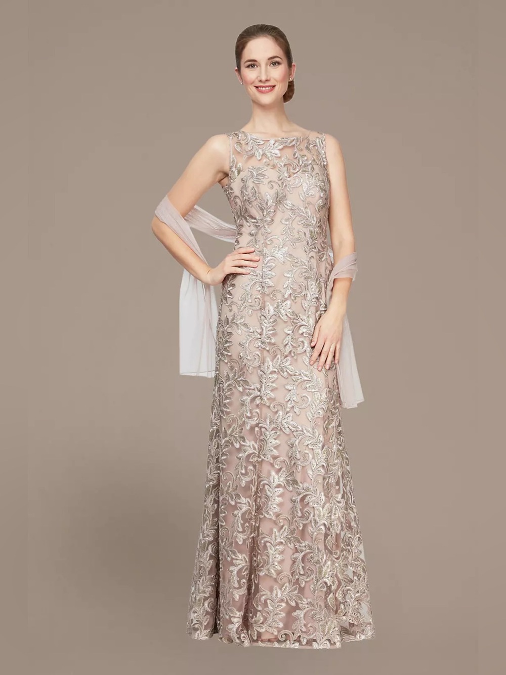 Alex Elegant Blush Embroidered Evening Gown with Sheer Shawl